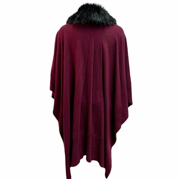 Jacques Vert plum burgundy Wool Cashmere Poncho cape shawl faux fur trim ribbon - Picture 5 of 10